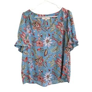 2/$30 LOFT - Women's Floral Blue Short Sleeve Blouse Size Small